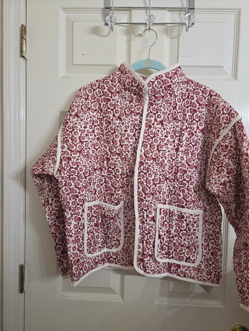 Boho Floral Print Quilted Jacket - Red/White
